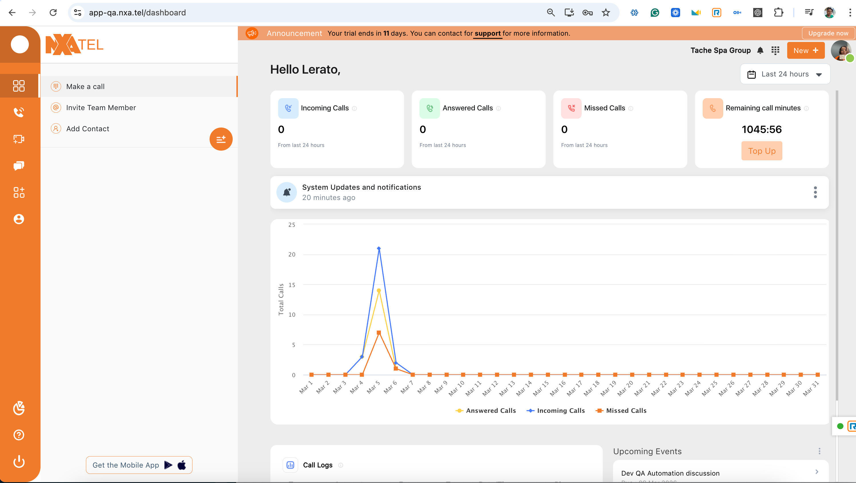 NxaTel Dashboard showing integration hub