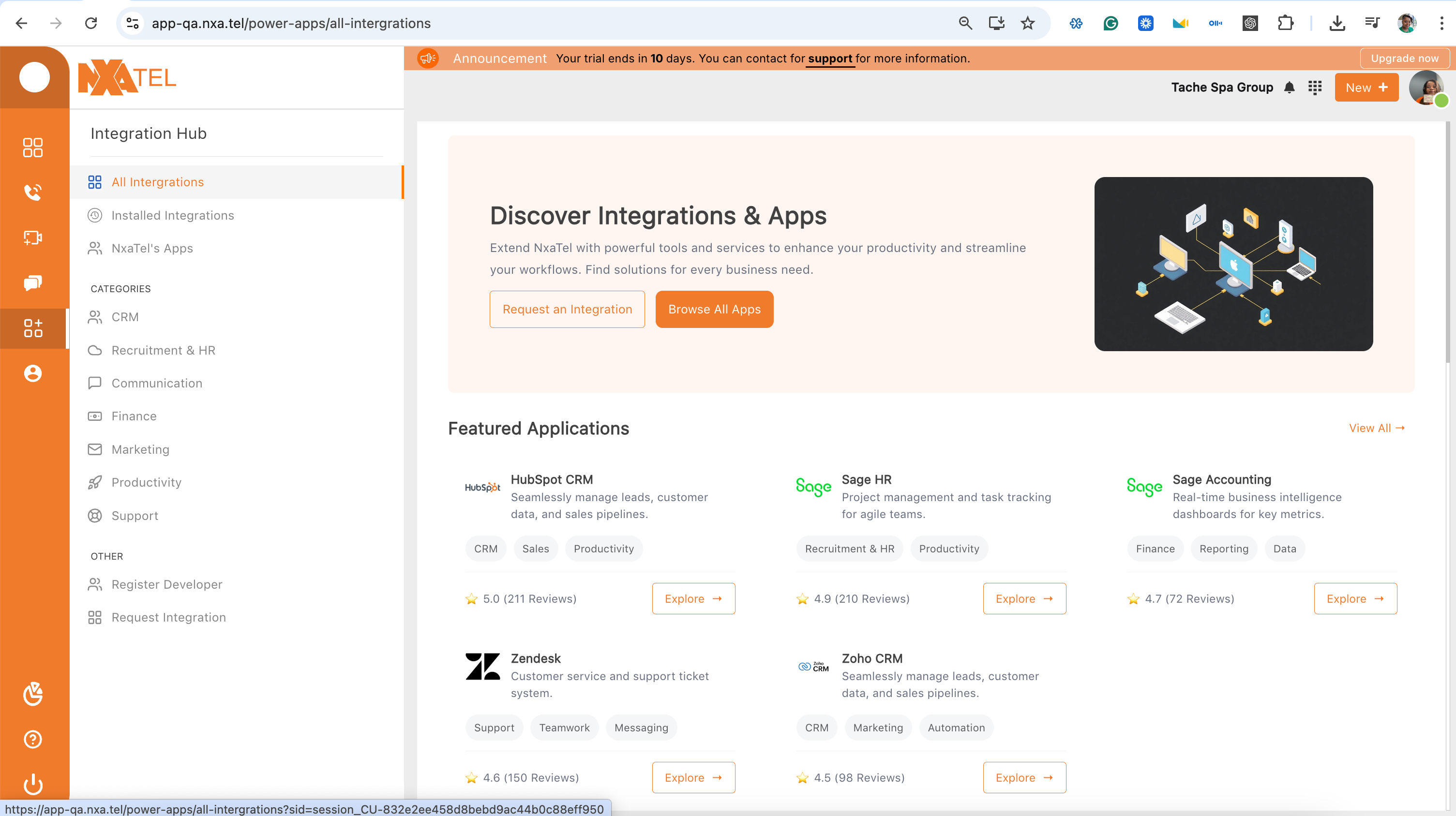 Integration Hub showing HubSpot CRM card