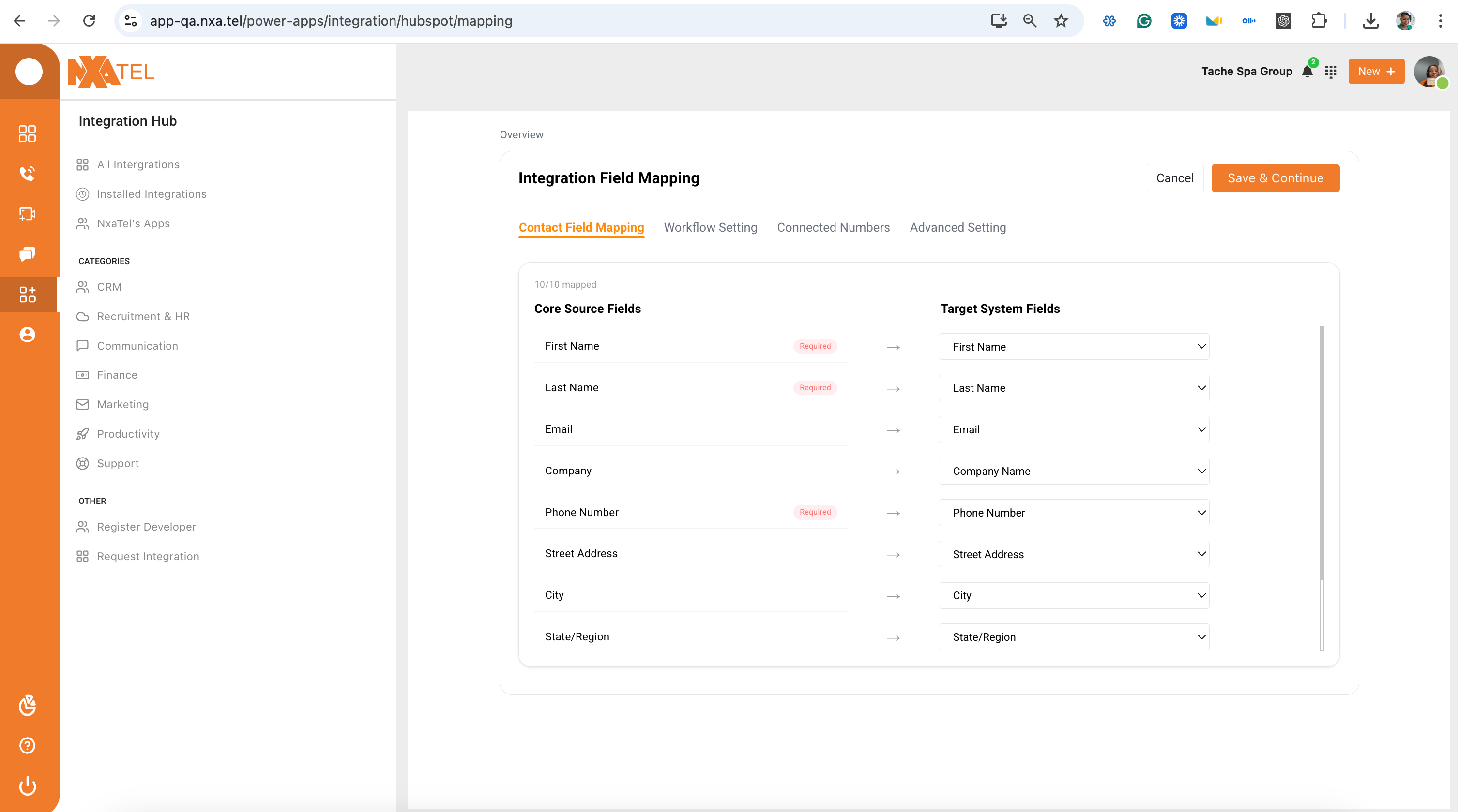 Contact field mapping screen