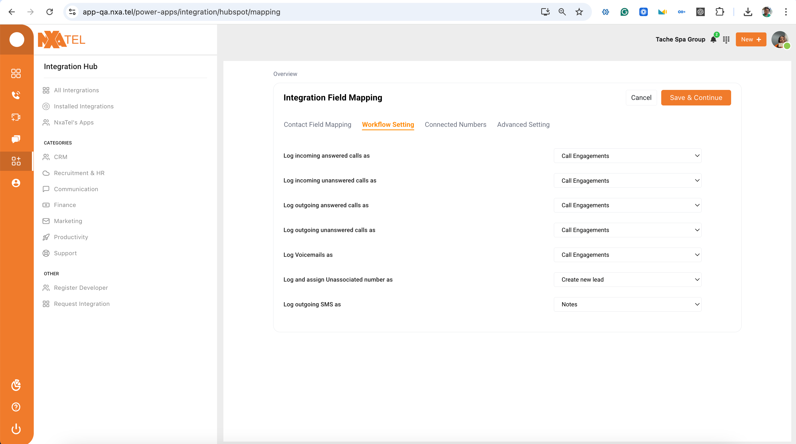 Workflow settings screen
