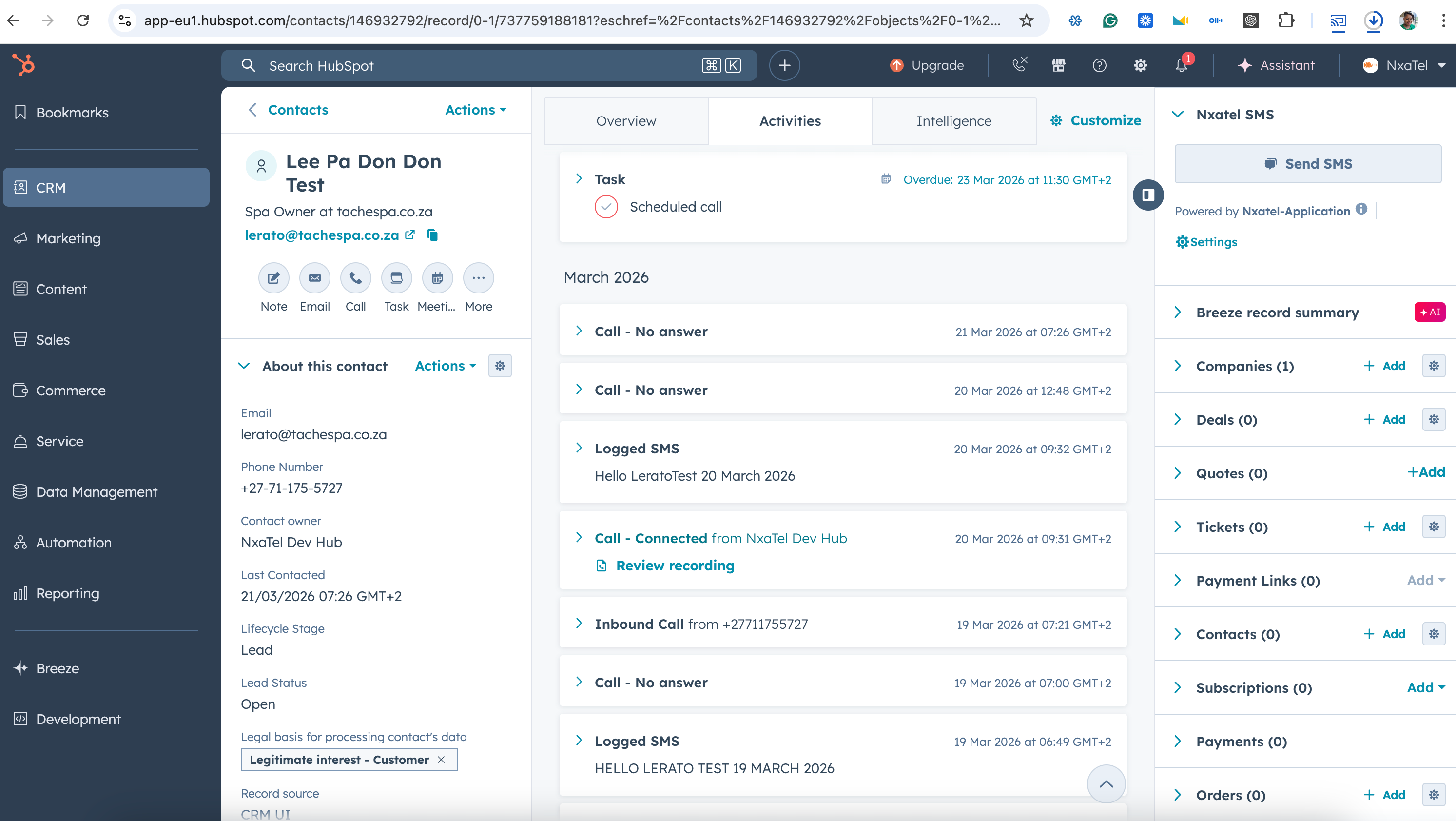 Contact visible in NxaTel