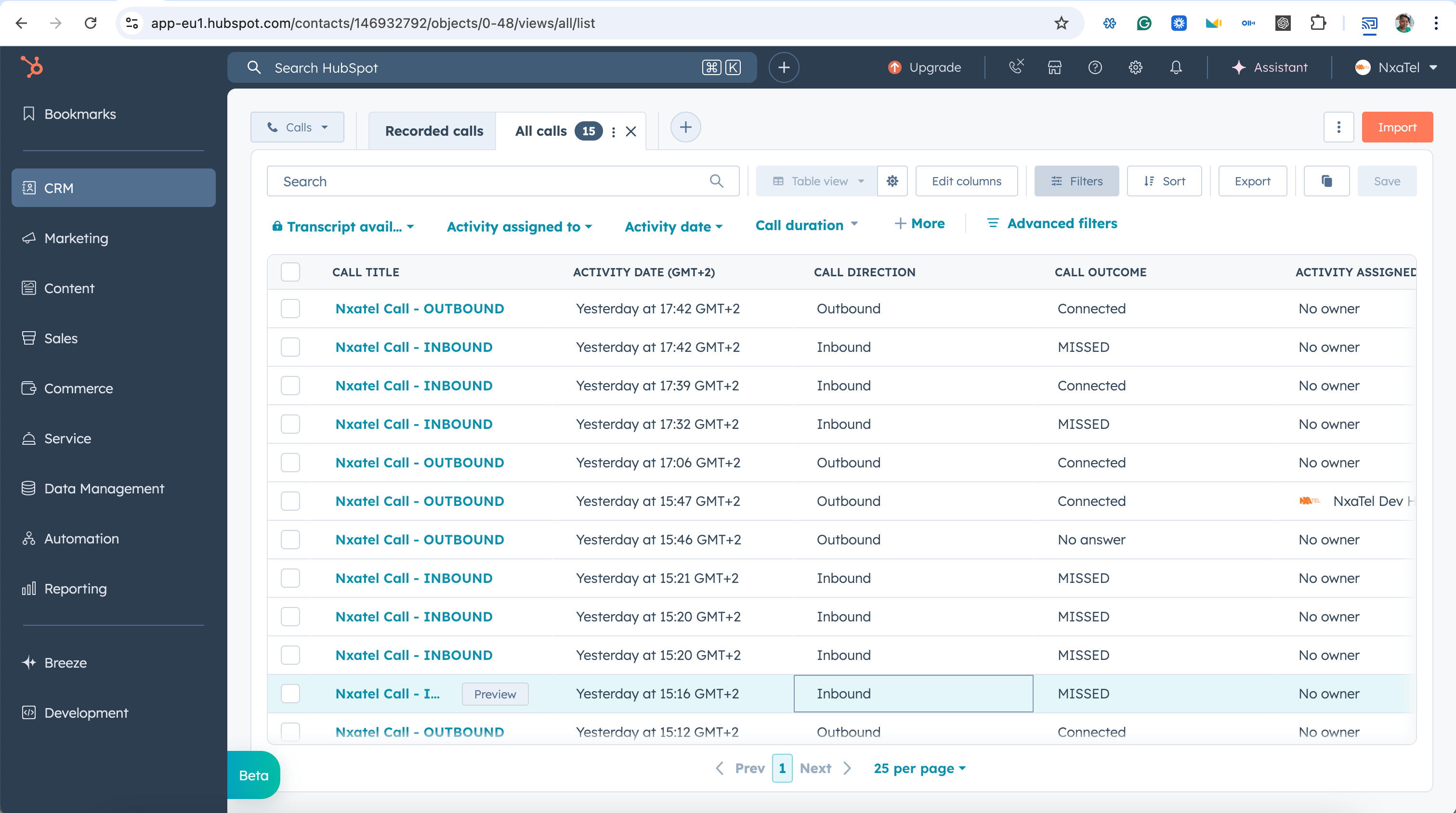 HubSpot call activity timeline